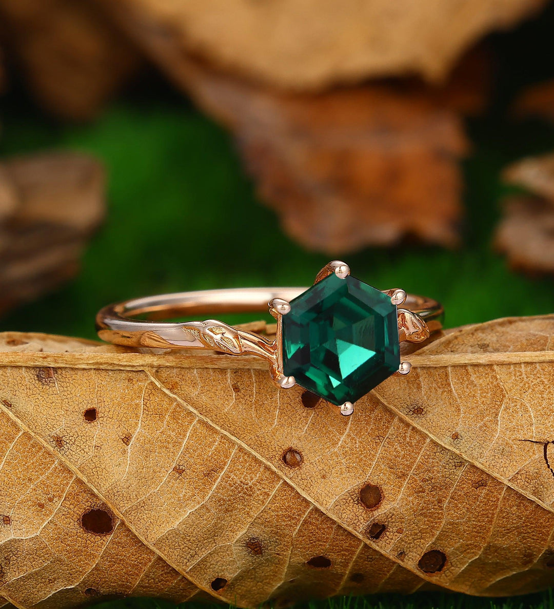 Unique 6x9mm Emerald Wedding Ring Nature Inspired Leaf Vine Promise Ring - Esdomera