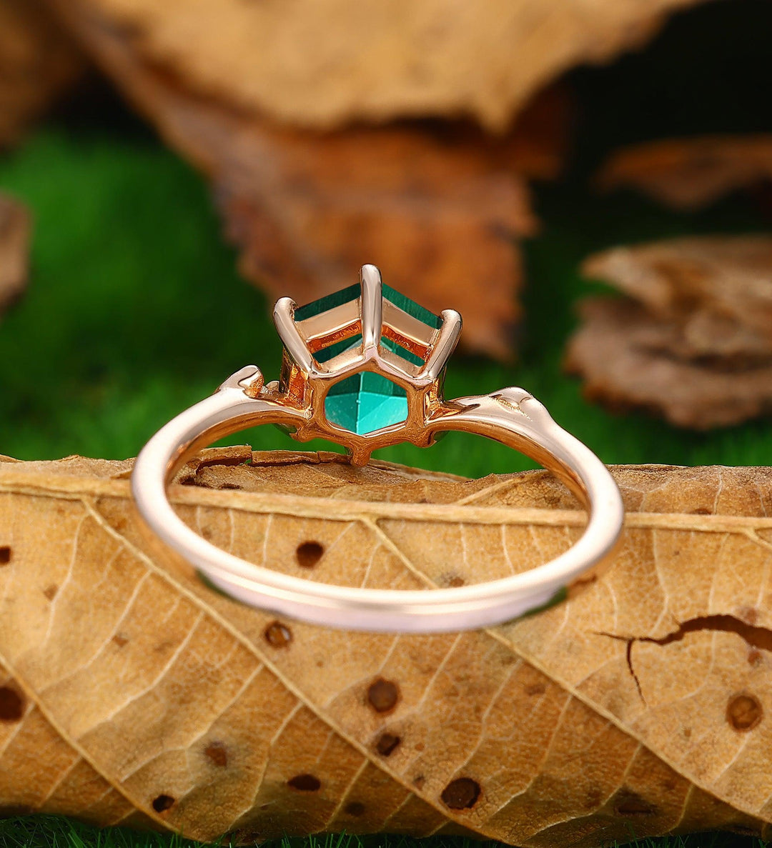 Unique 6x9mm Emerald Wedding Ring Nature Inspired Leaf Vine Promise Ring - Esdomera