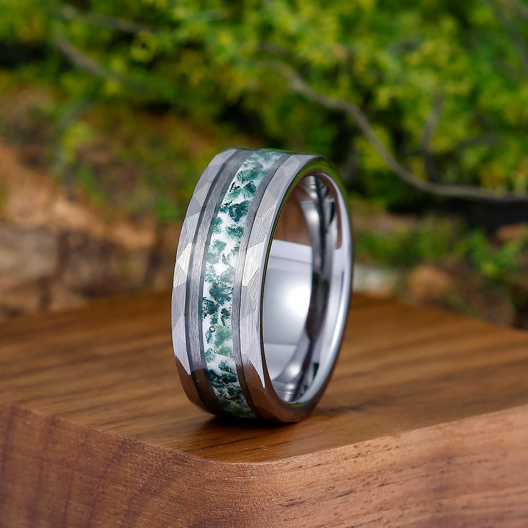 Unique 8mm Men's Moss Agate Tungsten Engagement Ring Engravable Wedding Band Silver/Black/Yellow Gold Anniversary Ring - Esdomera