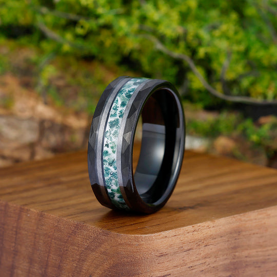 Unique 8mm Men's Moss Agate Tungsten Engagement Ring Engravable Wedding Band Silver/Black/Yellow Gold Anniversary Ring - Esdomera