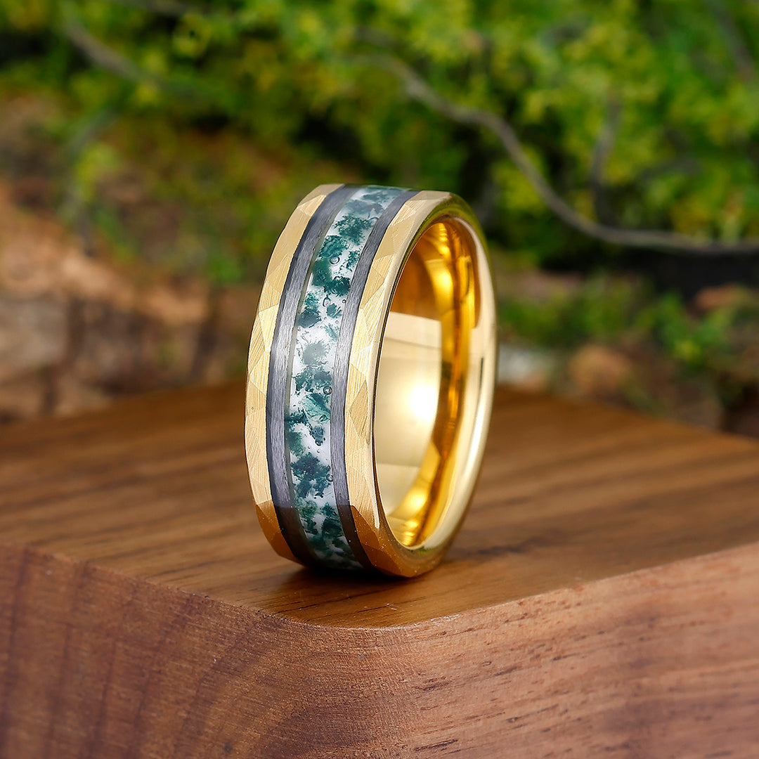 Unique 8mm Men's Moss Agate Tungsten Engagement Ring Engravable Wedding Band Silver/Black/Yellow Gold Anniversary Ring - Esdomera