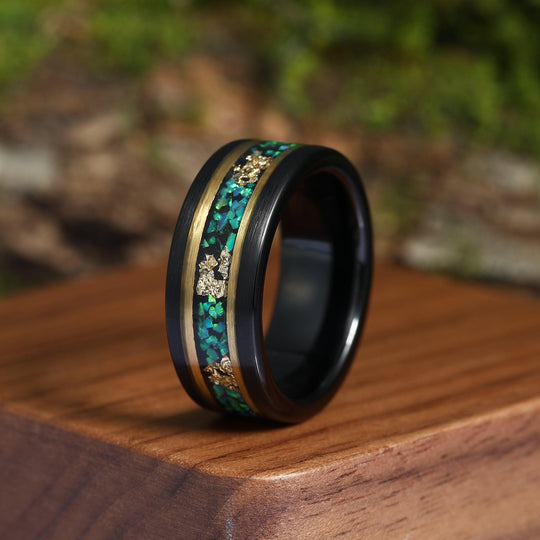 Unique Blue Green Opal Gold foil Ring Men’s Wedding Band 8mm Matte Black Tungsten Ring Men’s Anniversary Ring - Esdomera