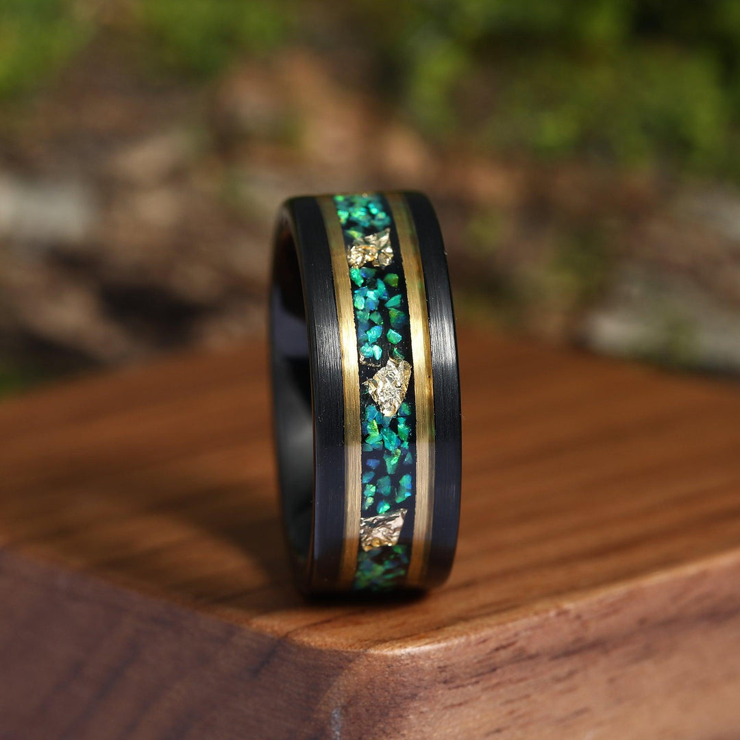 Unique Blue Green Opal Gold foil Ring Men’s Wedding Band 8mm Matte Black Tungsten Ring Men’s Anniversary Ring - Esdomera