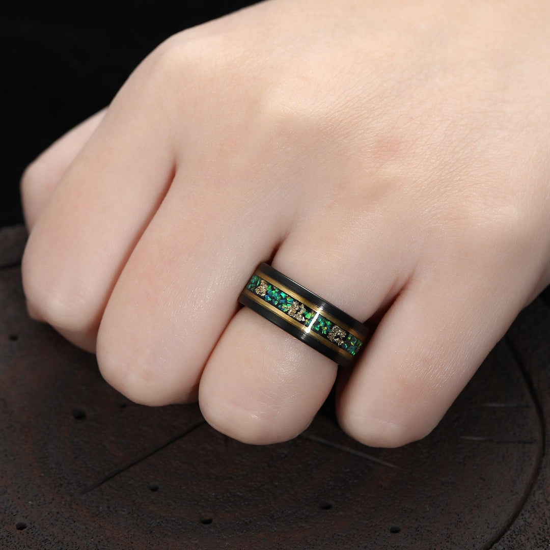 Unique Blue Green Opal Gold foil Ring Men’s Wedding Band 8mm Matte Black Tungsten Ring Men’s Anniversary Ring - Esdomera