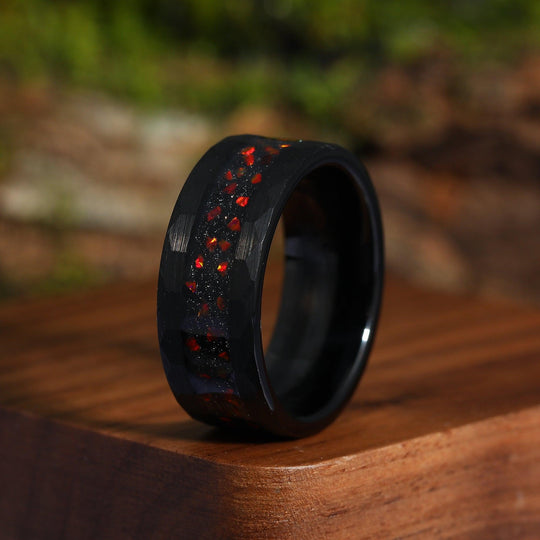 Blue Sandstone & Red Fire Opal His and Hers Matching Wedding Band Hammered Red Black Tungsten Couples Ring - Esdomera