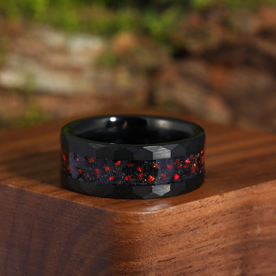 Blue Sandstone & Red Fire Opal His and Hers Matching Wedding Band Hammered Red Black Tungsten Couples Ring - Esdomera