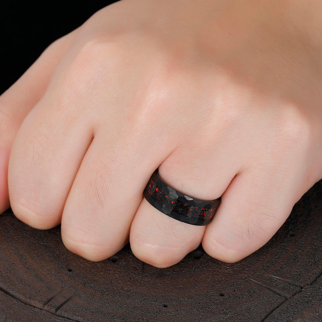 Unique Blue Sandstone Red Fire Opal Unisex Promise Wedding Band Promise Hammered Black Men's Tungsten Ring - Esdomera