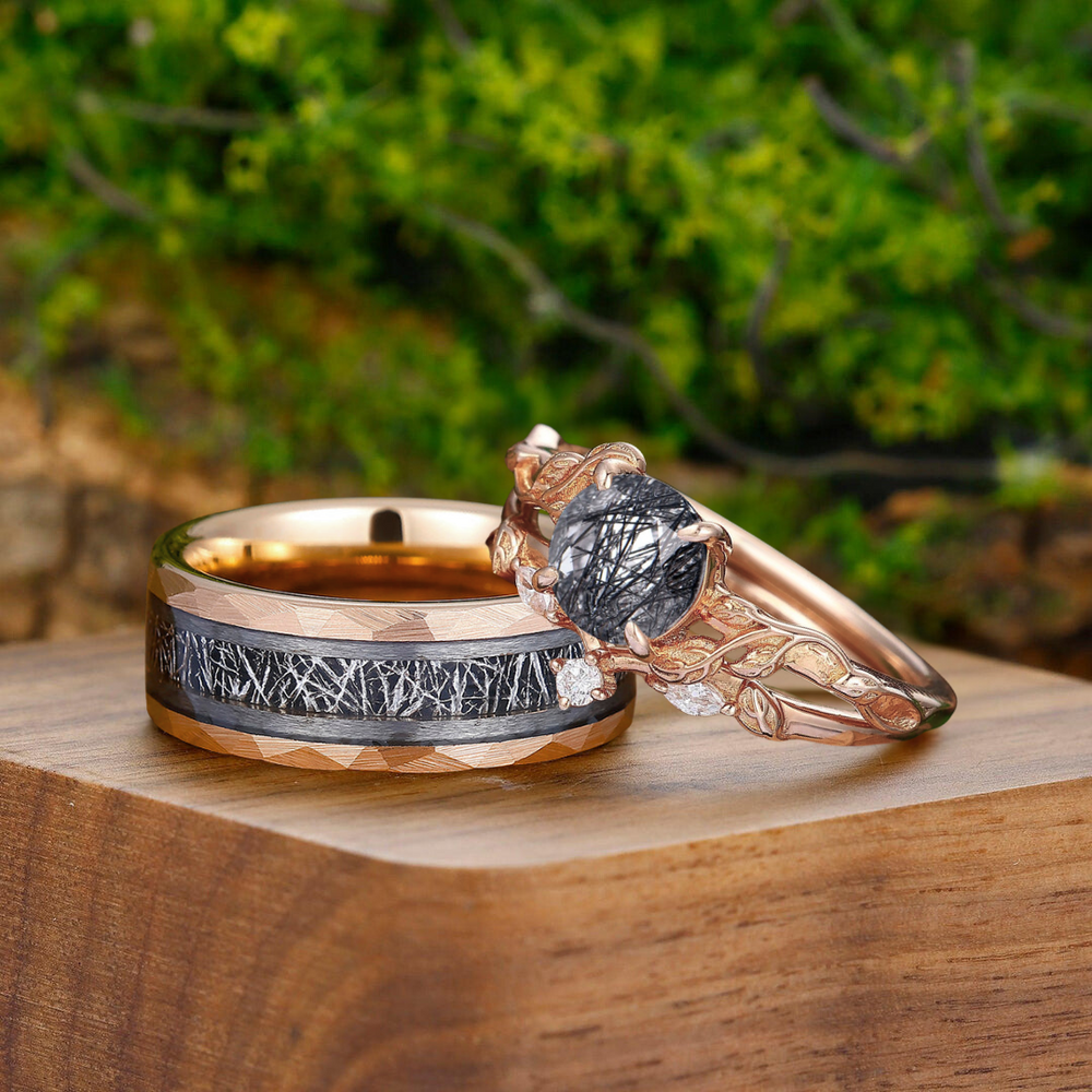 Unique Branches Black Rutilated Quartz Engagement Couple Rings Matching Promise His And Hers Wedding Bands - Esdomera