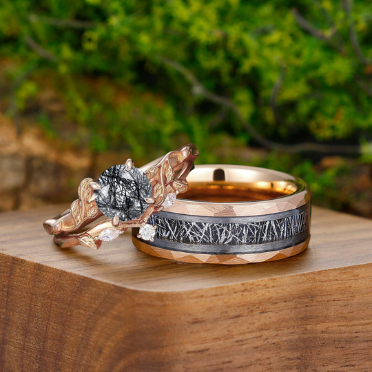 Unique Branches Black Rutilated Quartz Engagement Couple Rings Matching Promise His And Hers Wedding Bands - Esdomera