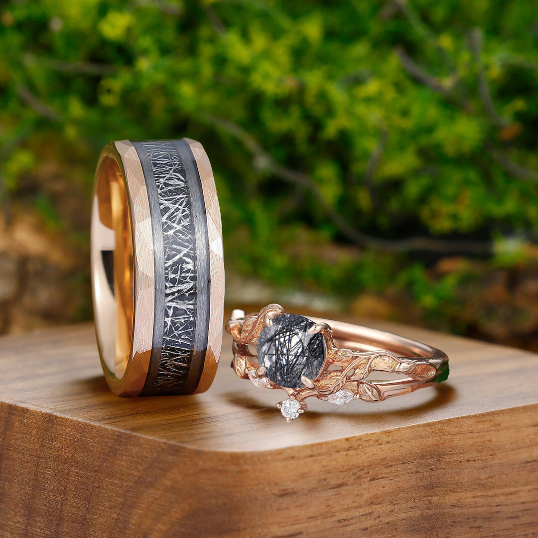 Unique Branches Black Rutilated Quartz Engagement Couple Rings Matching Promise His And Hers Wedding Bands - Esdomera