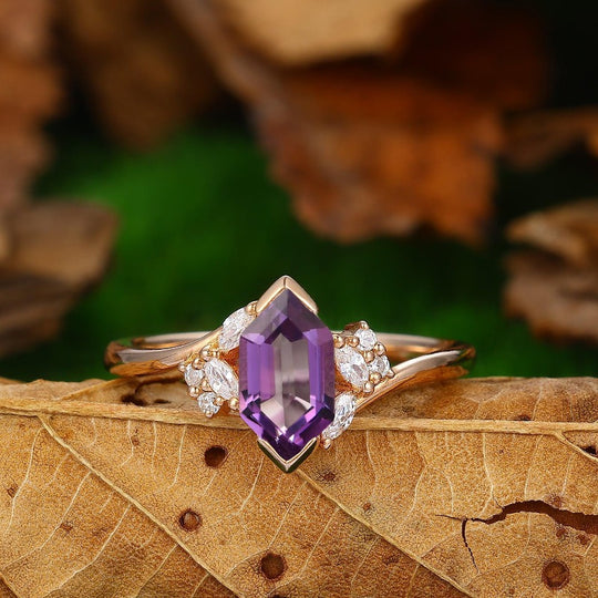 Unique Elongate Hexagon Natural Amethyst Art Deco Handmade Jewelry Gift Promise Bridal Ring - Esdomera