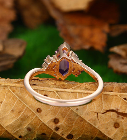 Unique Elongate Hexagon Natural Amethyst Art Deco Handmade Jewelry Gift Promise Bridal Ring - Esdomera