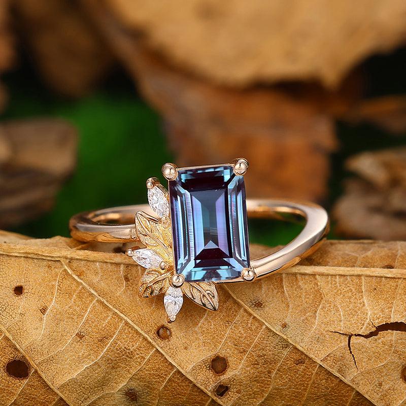 Unique Emerald Cut Irrrgular Band Cluster Marquise Leaf Alexandrite Sliver Bridal Ring - Esdomera