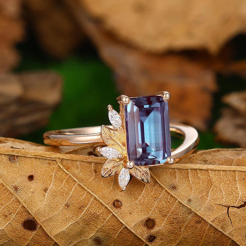 Unique Emerald Cut Irrrgular Band Cluster Marquise Leaf Alexandrite Sliver Bridal Ring - Esdomera
