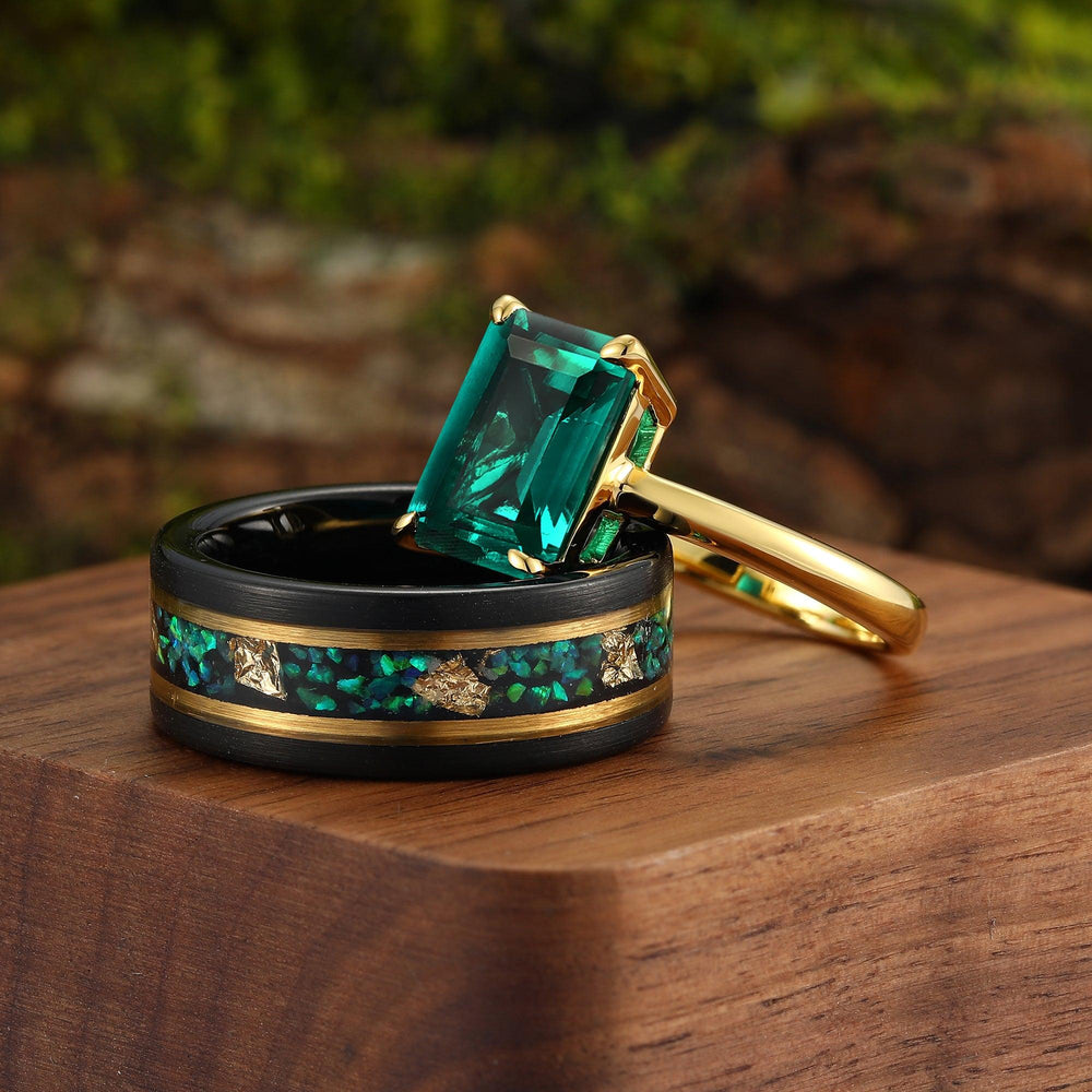 Unique Green Emerald Cut & Black Tungsten Peacock Opal Gold Leaf His and Hers Matching Wedding Band - Esdomera