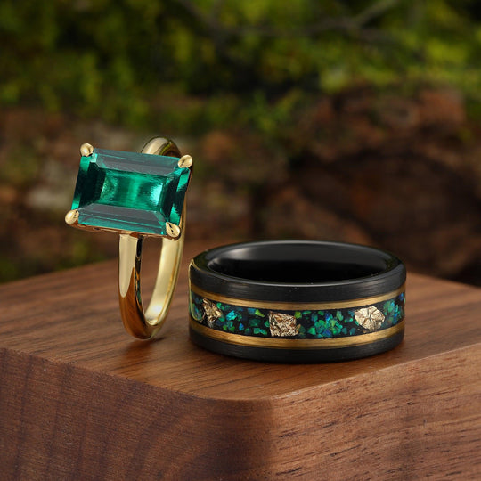 Unique Green Emerald Cut & Black Tungsten Peacock Opal Gold Leaf His and Hers Matching Wedding Band - Esdomera