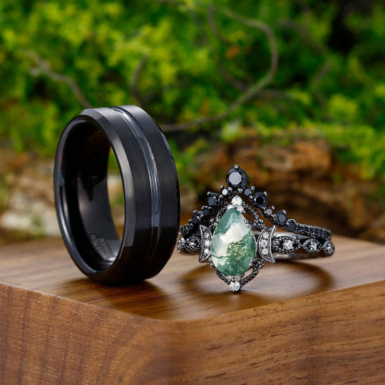 Unique Green Moss Agate His and Hers Couples Ring Set 925 sterling sliver & Hammered Black - Esdomera