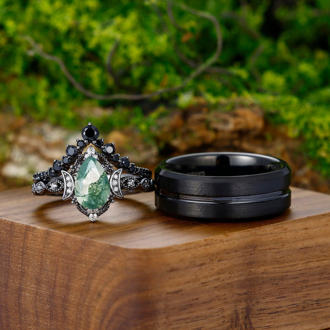 Unique Green Moss Agate His and Hers Couples Ring Set 925 sterling sliver & Hammered Black - Esdomera