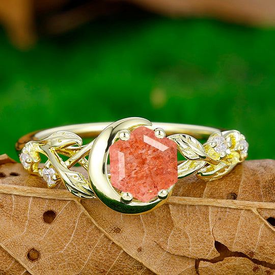 Unique Half Moon Leaves Orange Sunstone Engagement Ring Women Promise Ring - Esdomera