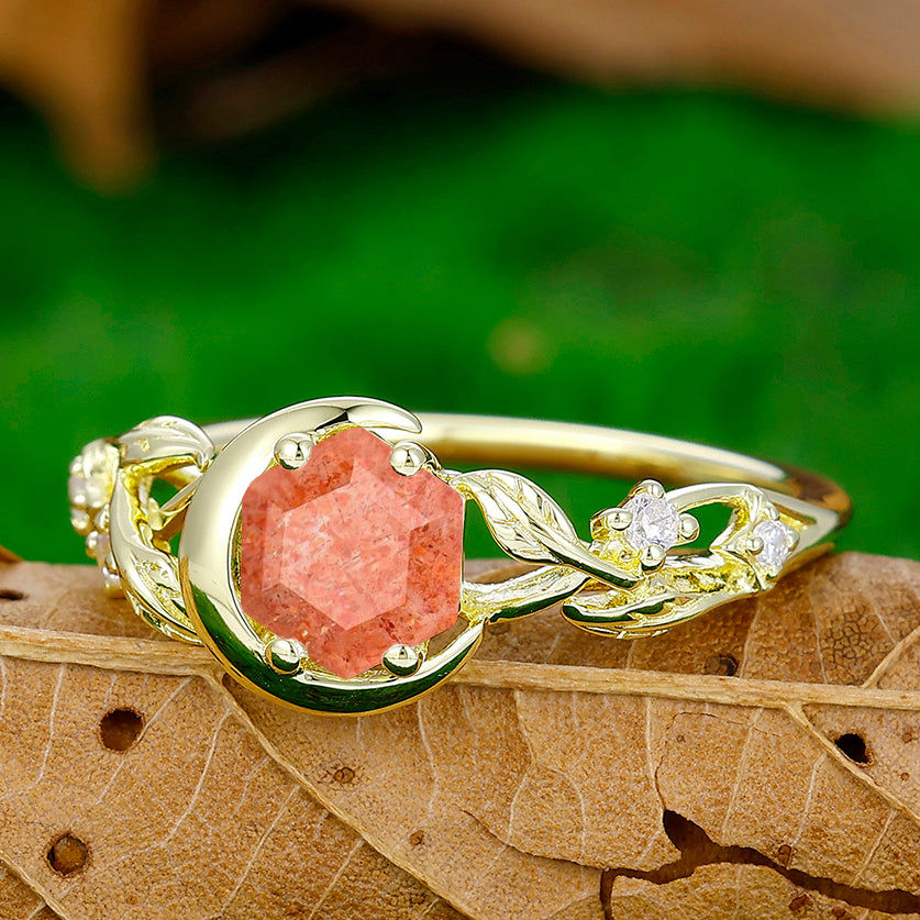 Unique Half Moon Leaves Orange Sunstone Engagement Ring Women Promise Ring - Esdomera