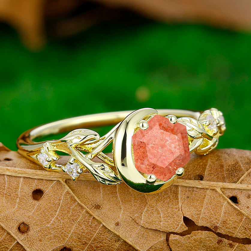 Unique Half Moon Leaves Orange Sunstone Engagement Ring Women Promise Ring - Esdomera