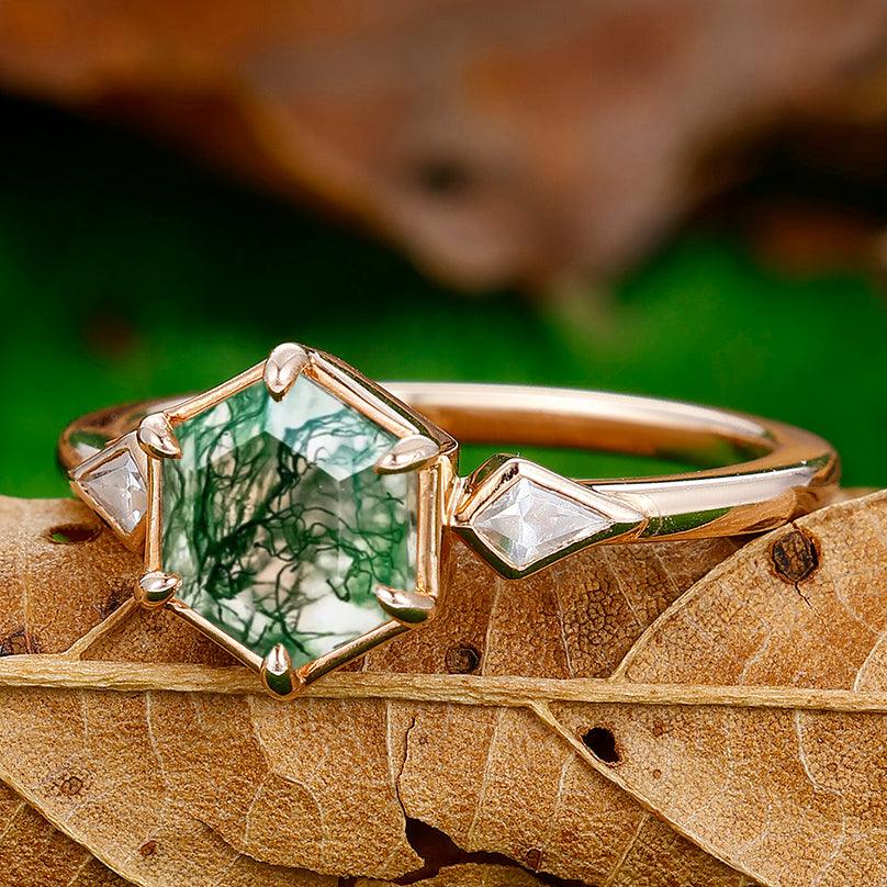 Unique Hexagon Cut Moss Agate Engagement Ring Kite Shape Moissanite Inlaid Women Ring - Esdomera