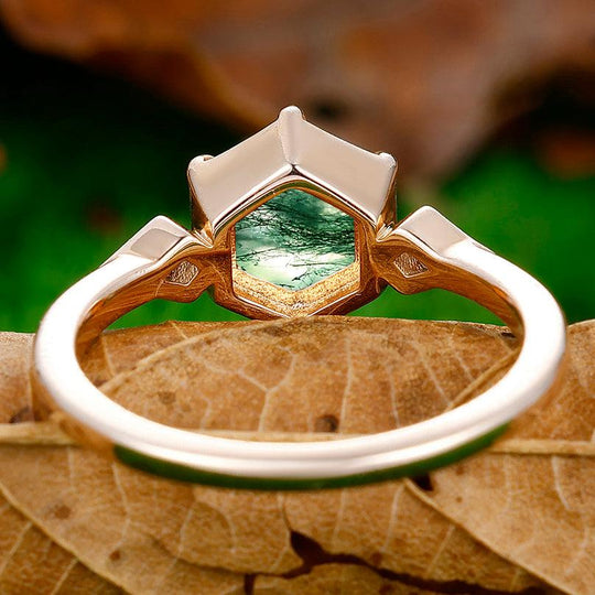 Unique Hexagon Cut Moss Agate Engagement Ring Kite Shape Moissanite Inlaid Women Ring - Esdomera