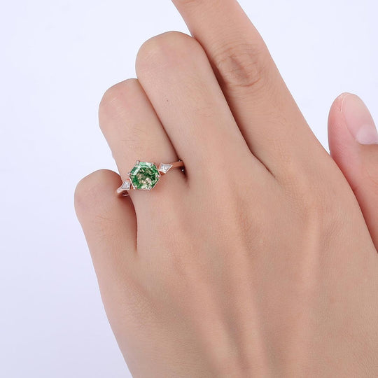 Unique Hexagon Cut Moss Agate Engagement Ring Kite Shape Moissanite Inlaid Women Ring - Esdomera