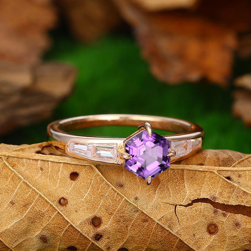 Unique Hexagon Cut Sterling Silver Natural Amethyst Engagement Ring February Birthstone - Esdomera