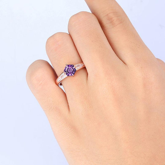 Unique Hexagon Cut Sterling Silver Natural Amethyst Engagement Ring February Birthstone - Esdomera