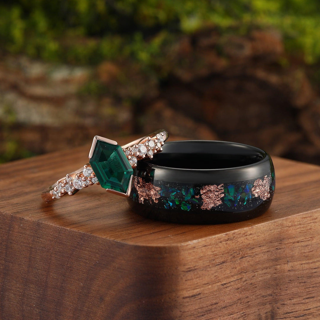 Vintage Hexagon Blue Sapphire Black Tungsten His and Hers