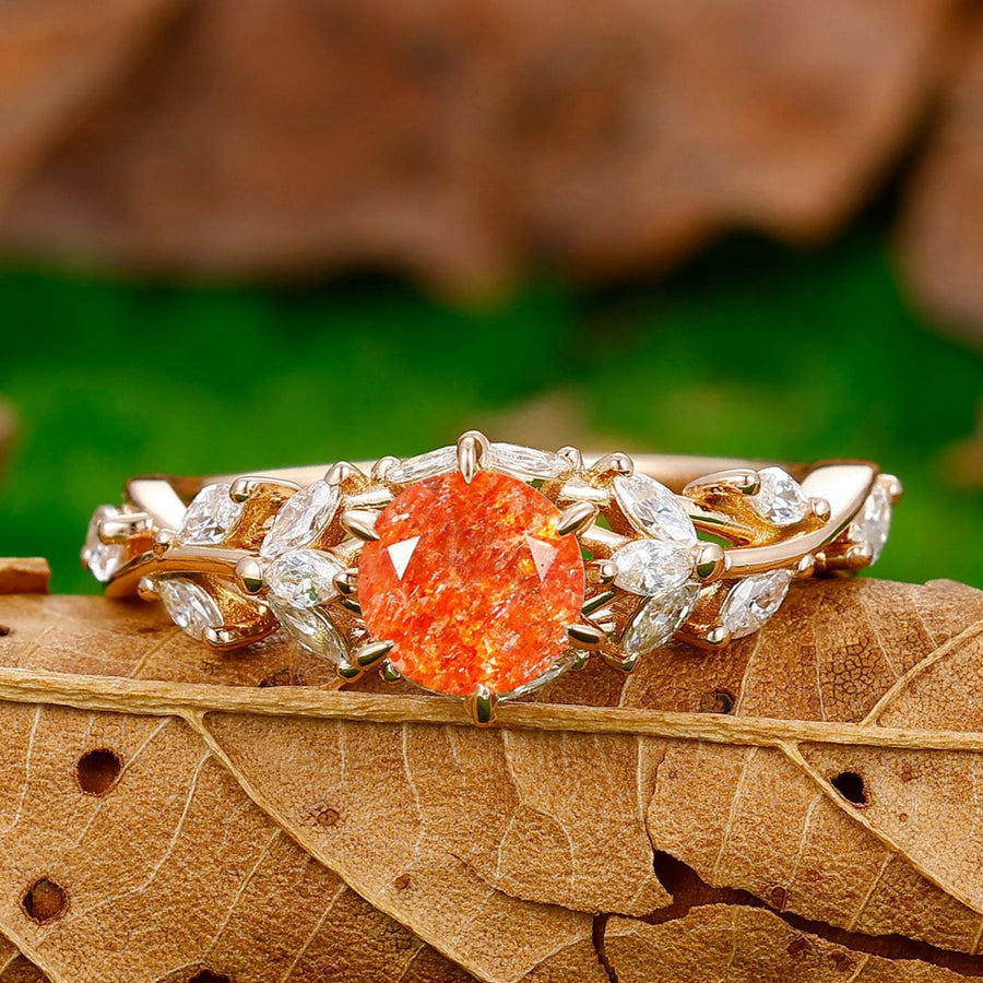 Unique Hollow Branches 0.8CT Round Cut Sunstone Engagement Ring Women Birthday Ring - Esdomera