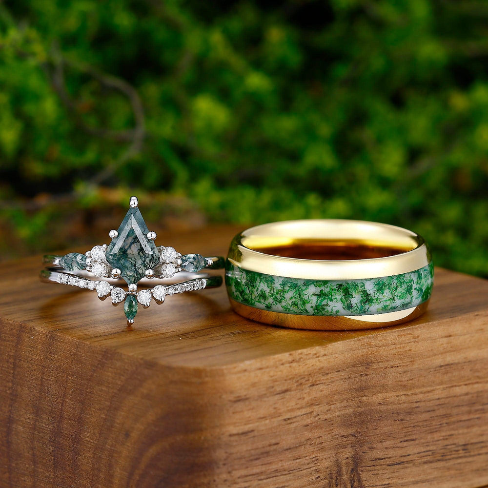 Unique Kite Green Moss Agate Ring Set- His and Hers Wedding Band Tungsten Yellow Gold Vermeil - Esdomera