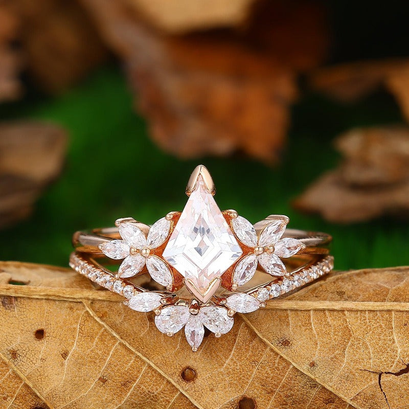 Unique Kite Shaped 6x9mm Moissanite Engagement Ring Full Eternity Curved Wedding Band Bridal Set - Esdomera