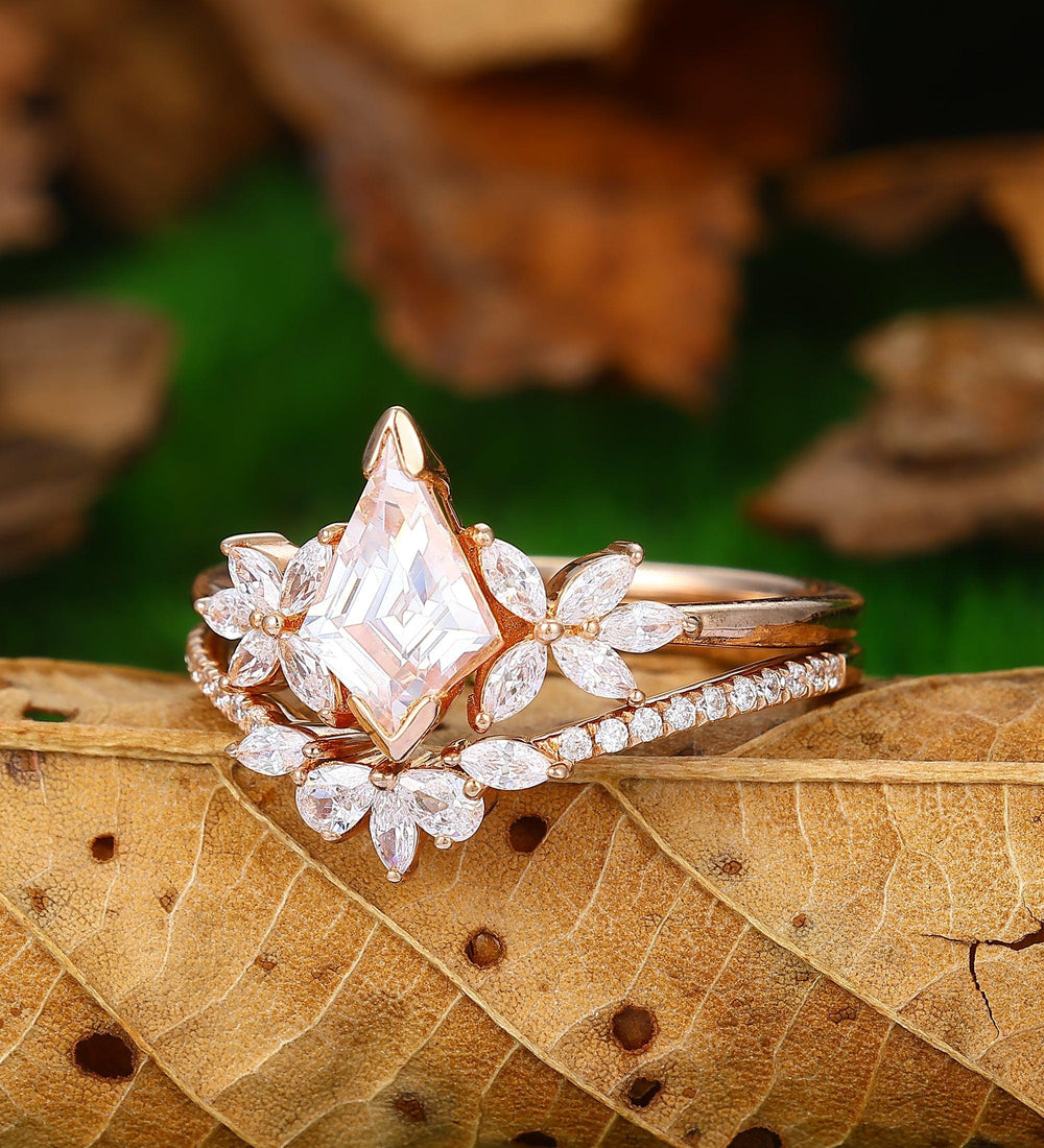 Unique Kite Shaped 6x9mm Moissanite Engagement Ring Full Eternity Curved Wedding Band Bridal Set - Esdomera