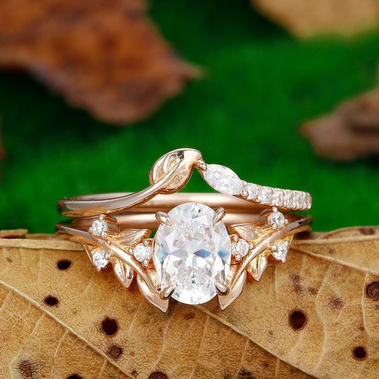 Unique Leaf Branch Ring 1.5carat Oval Shaped Moissanite Full Eternity Band 14k Rose Gold Ring Set - Esdomera