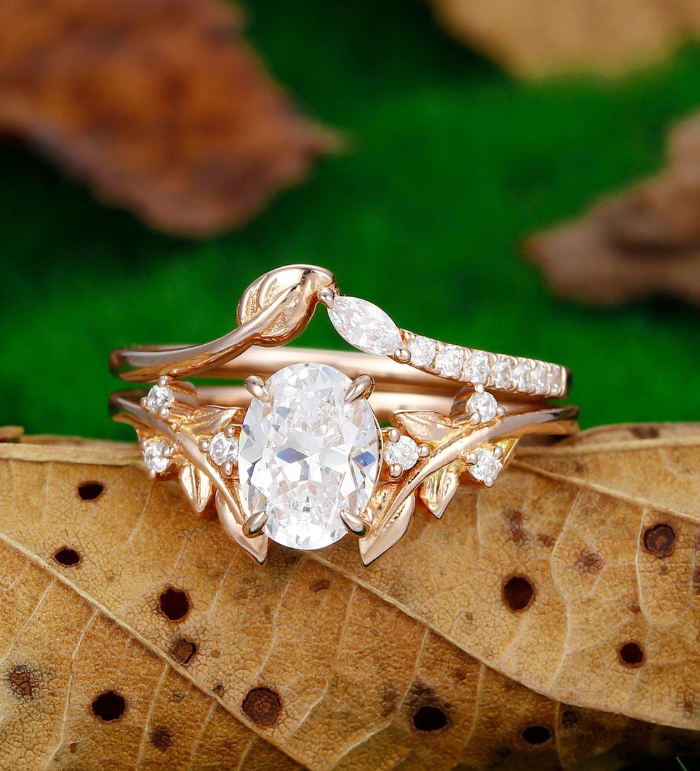 Unique Leaf Branch Ring 1.5carat Oval Shaped Moissanite Full Eternity Band 14k Rose Gold Ring Set - Esdomera