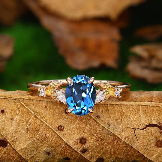 Unique leaf Curved Oval shape London blue topaz Cluster ring - Esdomera