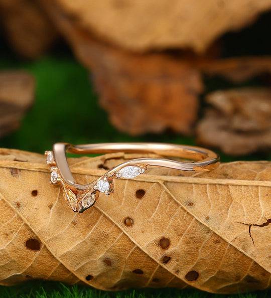 Unique Leaf Stacking Matching Ring Curved 14k Rose Gold Wedding Band - Esdomera