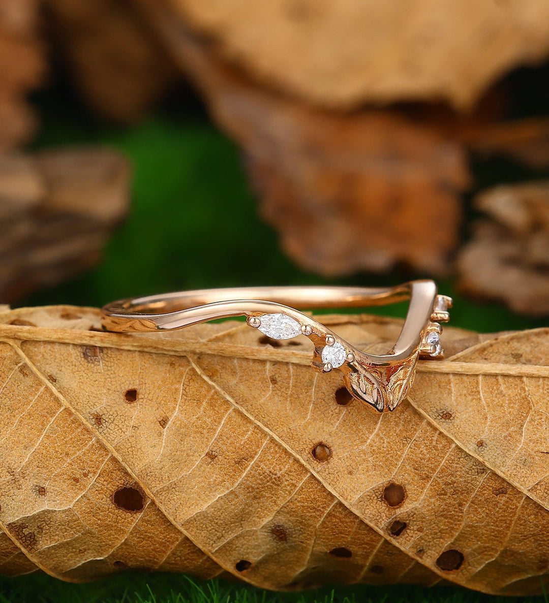 Unique Leaf Stacking Matching Ring Curved 14k Rose Gold Wedding Band - Esdomera