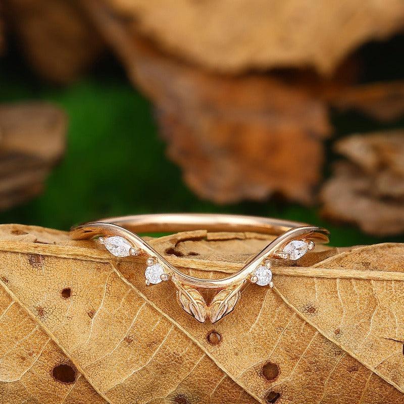 Unique Leaf Stacking Matching Ring Curved Lab Grown Diamond Wedding Band - Esdomera