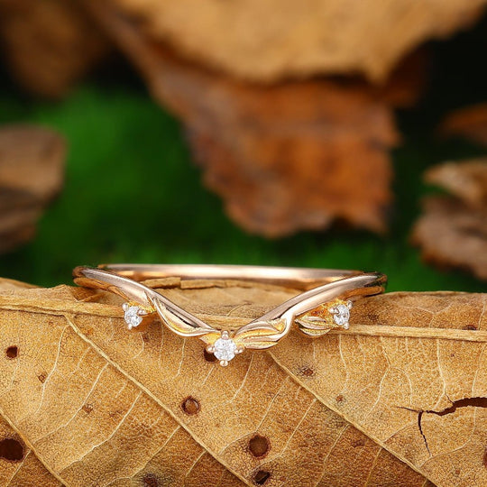 unique leaf stacking ring moissanite curved wedding band 14k rose gold - Esdomera
