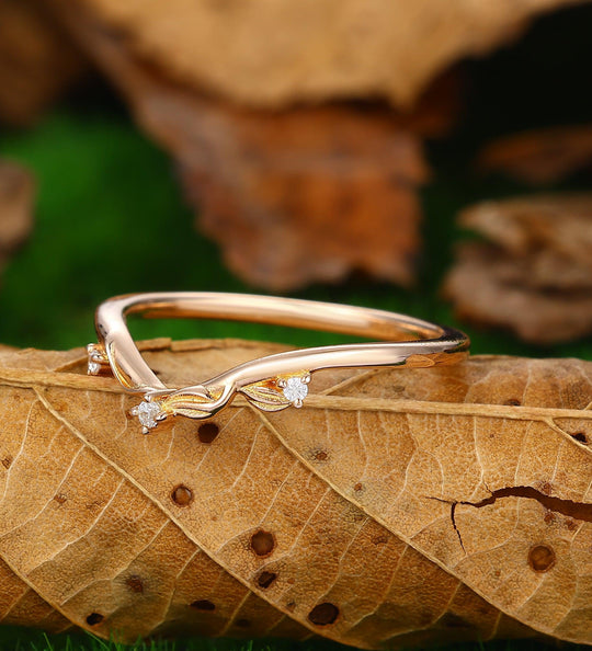unique leaf stacking ring moissanite curved wedding band 14k rose gold - Esdomera