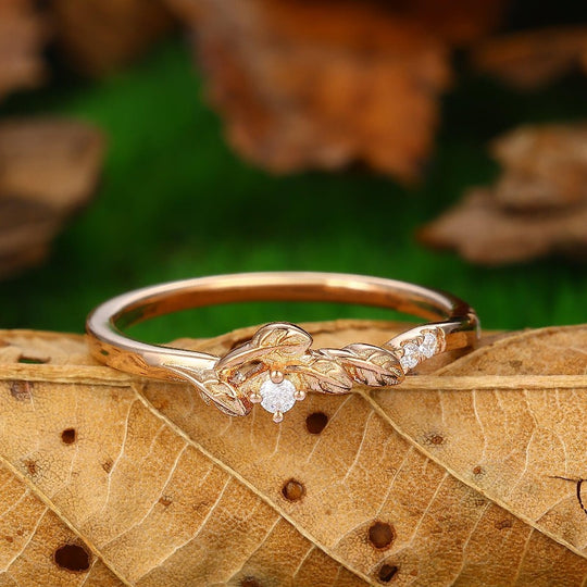 Unique Leaf Wedding Band Art Deco Gemstone Bridal Ring 14k Rose Gold Unique Stacking Matching Ring - Esdomera