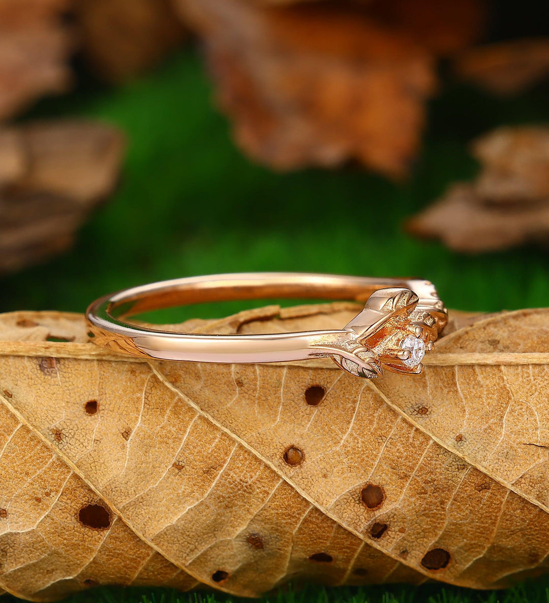 Unique Leaf Wedding Band Art Deco Gemstone Bridal Ring 14k Rose Gold Unique Stacking Matching Ring - Esdomera