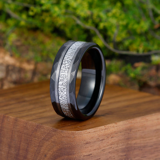 Unique Men's White Meteorite Inlay 8mm Tungsten Wedding Ring - Black, Rose, Yellow Gold Anniversary & Promise Band - Esdomera