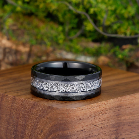 Unique Men's White Meteorite Inlay 8mm Tungsten Wedding Ring - Black, Rose, Yellow Gold Anniversary & Promise Band - Esdomera