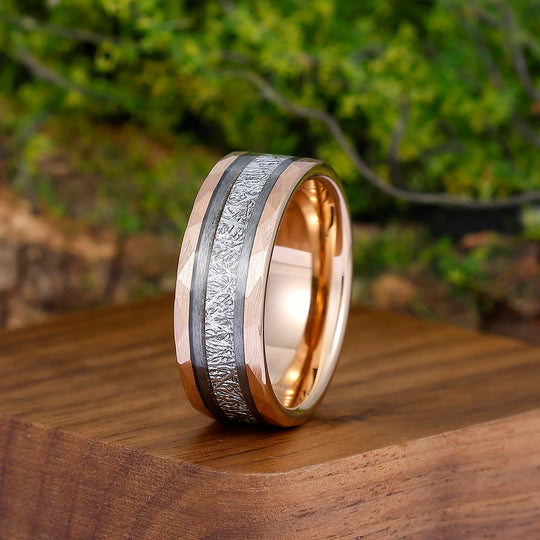 Unique Men's White Meteorite Inlay 8mm Tungsten Wedding Ring - Black, Rose, Yellow Gold Anniversary & Promise Band - Esdomera