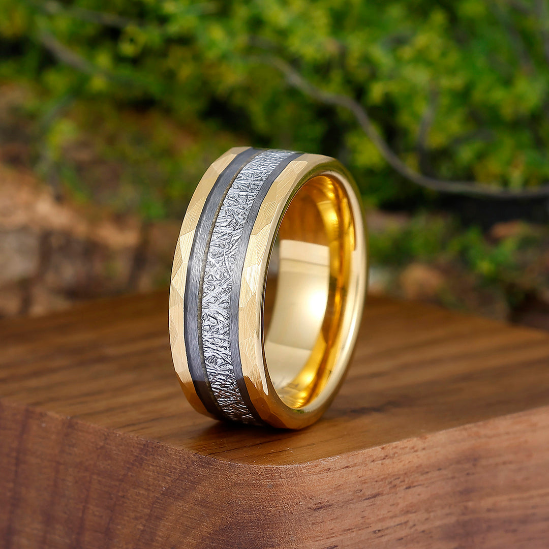 Unique Men's White Meteorite Inlay 8mm Tungsten Wedding Ring - Black, Rose, Yellow Gold Anniversary & Promise Band - Esdomera