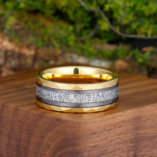 Unique Men's White Meteorite Inlay 8mm Tungsten Wedding Ring - Black, Rose, Yellow Gold Anniversary & Promise Band - Esdomera